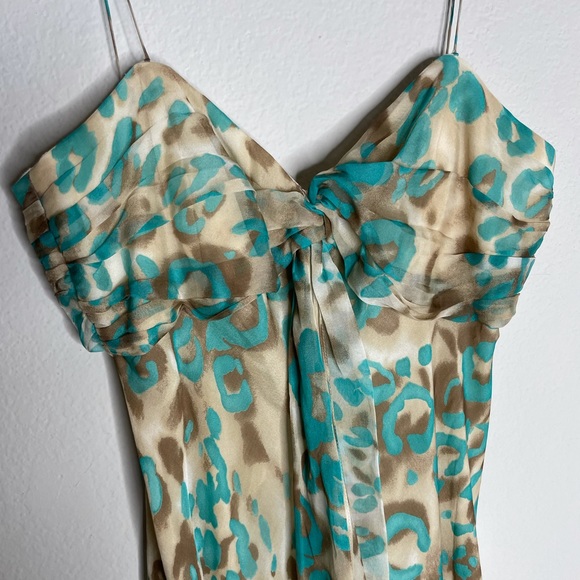 Milly Leopard Silk Turquoise Blue Beige Spaghetti Strap Slip Dress 8 Romantic - Picture 2 of 8